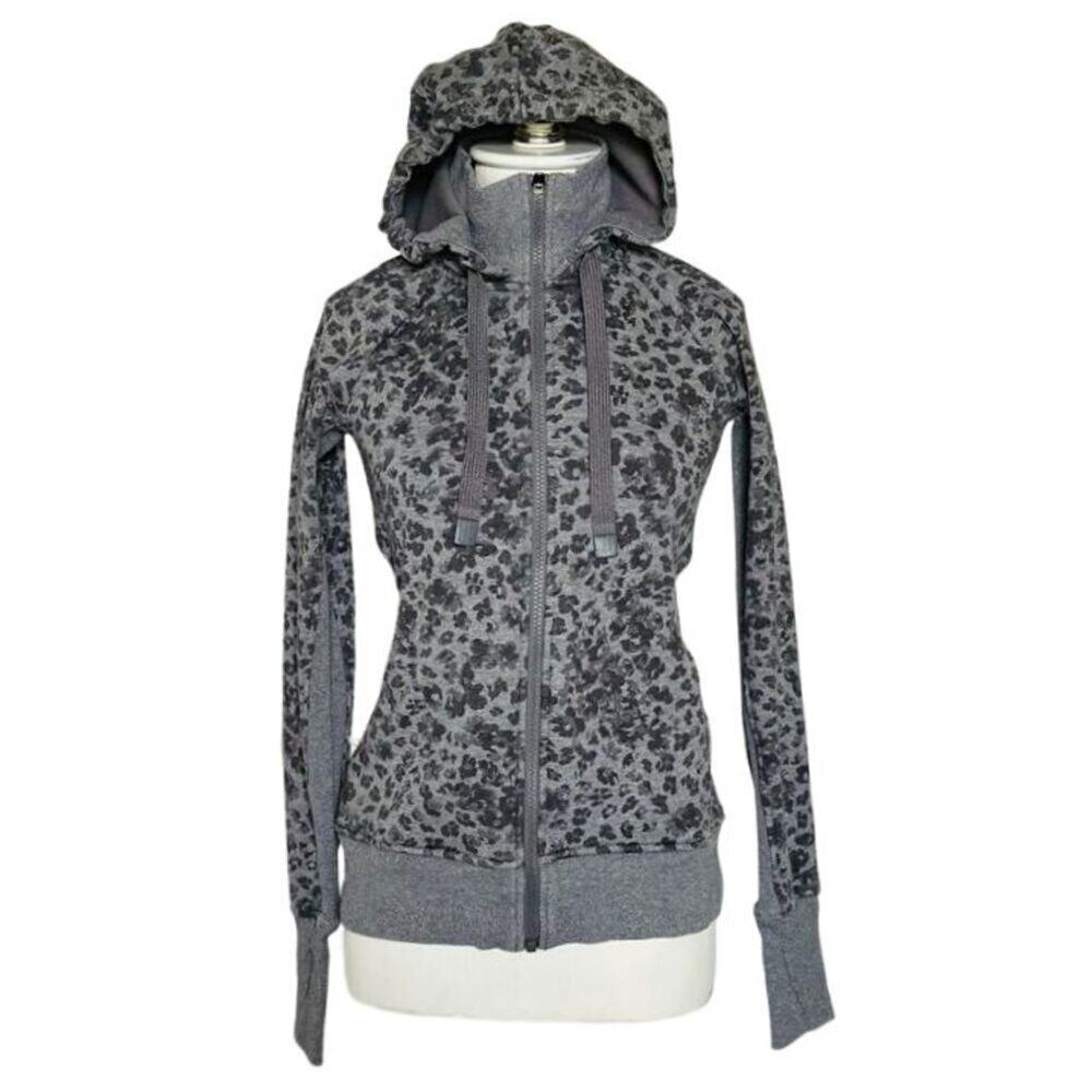 Athleta Triumph Hooded Zip up Jacket Gray Leopard Print Size XXS